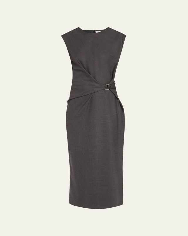 Sleeveless Stretch Twill Wool Wrap Midi Dress
